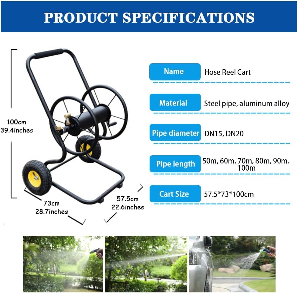 Hose Reel Cart Water Hose Cart with Wheels Heavy Duty Outdoor Hose Cart, Garden Hose Reel with Rollers, Hand-Push Water Pipe Storage Holder, Lawn Tools (Color : Black-DN15, Size : Hose Cart+50m Pipe