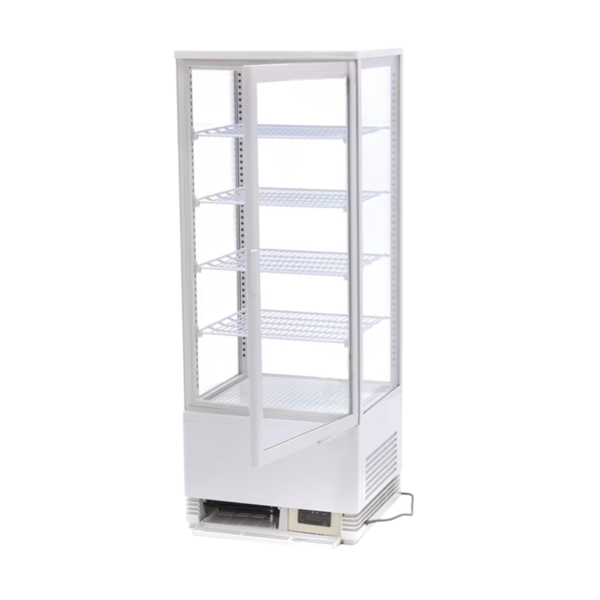 Genérico Mini Vitrina Refrigerada 98L - 4 Caras Acristaladas - Frío Ventilado - Temperatura 0/+12°C - Iluminación LED - Disponible en Blanco o Negro - Ideal para Bebidas, Pasteles y Snacks (blanco)