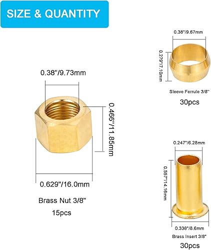 Miniatura 22 de Kit surtido de accesorios de compresión de 1/4 de pulgada, 60 manguitos de compresión de latón, 60 insertos de latón y 20 tuercas, se utiliza