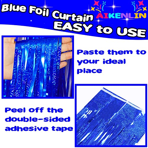 Image of 4 Pack 3.2Ft x 8.2Ft Blue Foil Fringe Curtain Backdrop, Metallic Tinsel Foil Fringe Streamers Curtains Background for Photo Booth, Birthday, Wedding, Disco, Bachelorette, Christmas Party Decoration