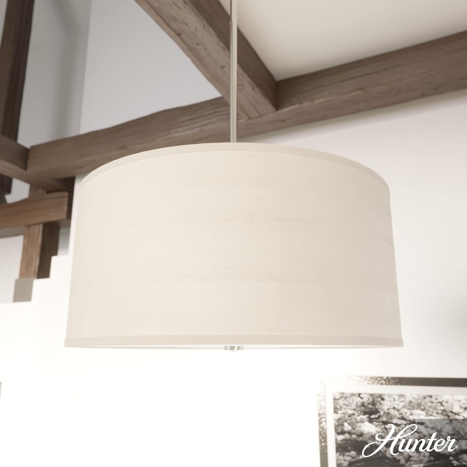 Hunter - Solhaven 3-light Bleached Alder, Medium Size Pendant Light, Dimmable, Modern Style, Drum Shaped, for Bedrooms, Kitchens, Dining, Living Rooms - 19380