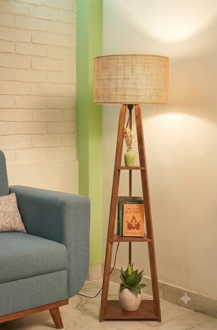 Wooden Tripod Floor Lamp with 3 Shelves Modern Standing Lamp with Fabric Shade Decorative Shelf Floor Lamp for Living Room Bedroom & Home Décor Modern Standing Lamp for Living Room-image-20