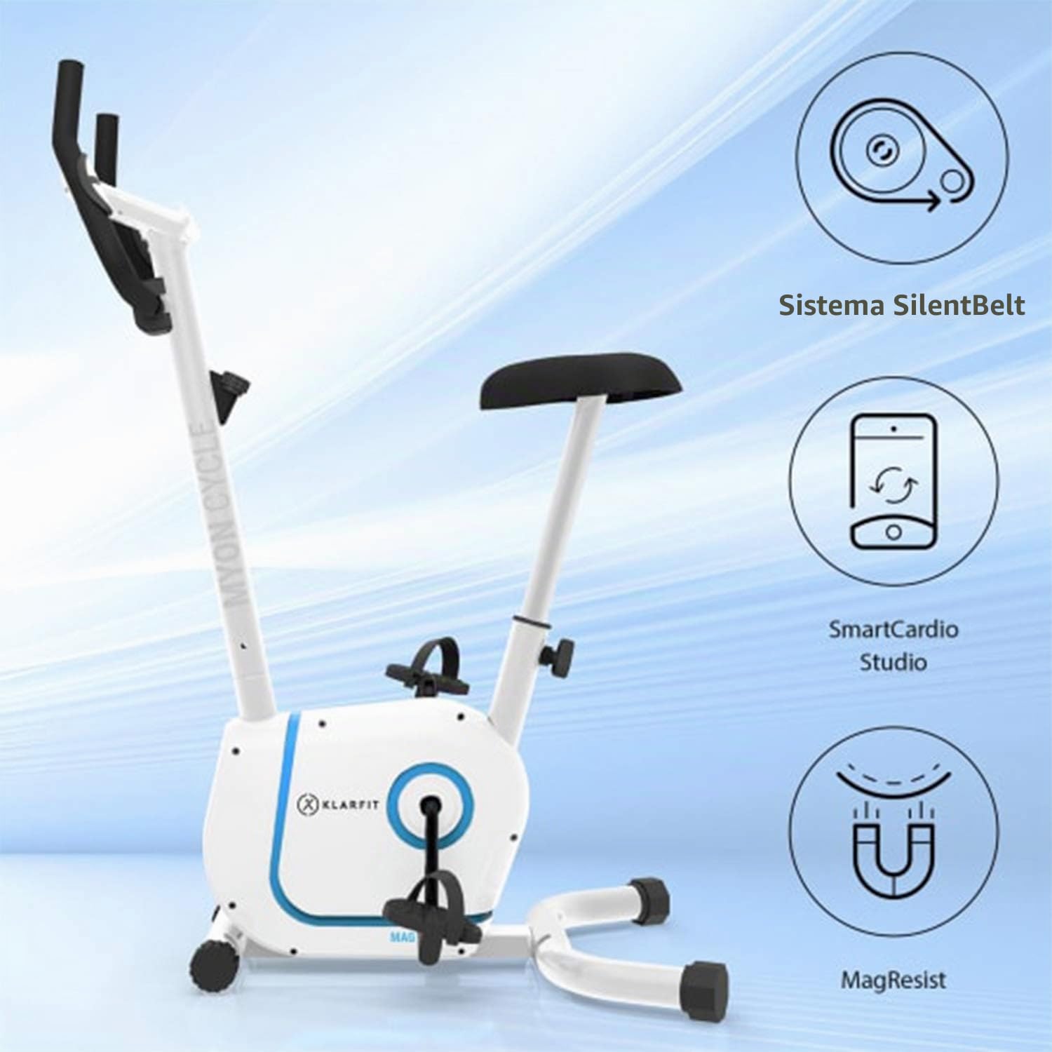 KLAR FIT Myon Cycle - Cyclette, Volano 12 kg, Cyclette da Camera con Trasmissione a Cinghia con SilentBelt, 8 Livelli, Cardiofrequenzimetro, Altezza Sella Regolabile, Supporto Tablet