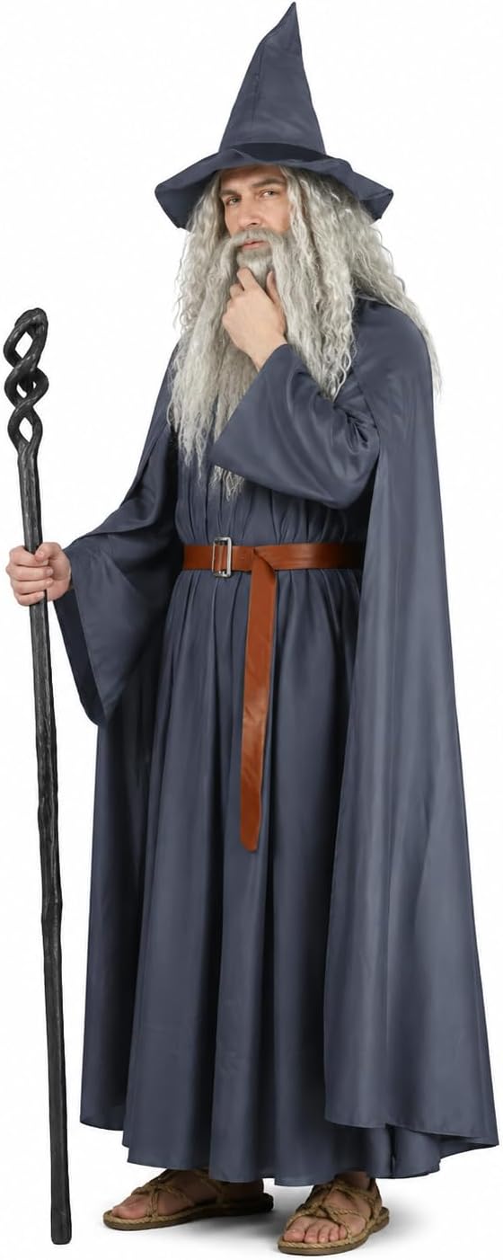 Wizard Costume with Wig Adult Warlock Robe Men Sorcerer Costume Grey Cloak Hat Cape Halloween Cosplay Outfits