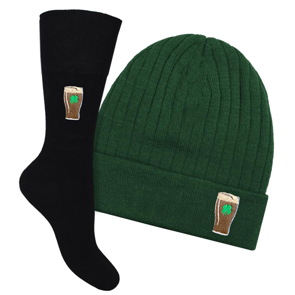 TeddyT's Men's Irish St Patrick's Day Beer Pint Green Knitted Beanie Hat & Socks Set (UK, Numeric, 6, 11, Regular, Regular, Green)