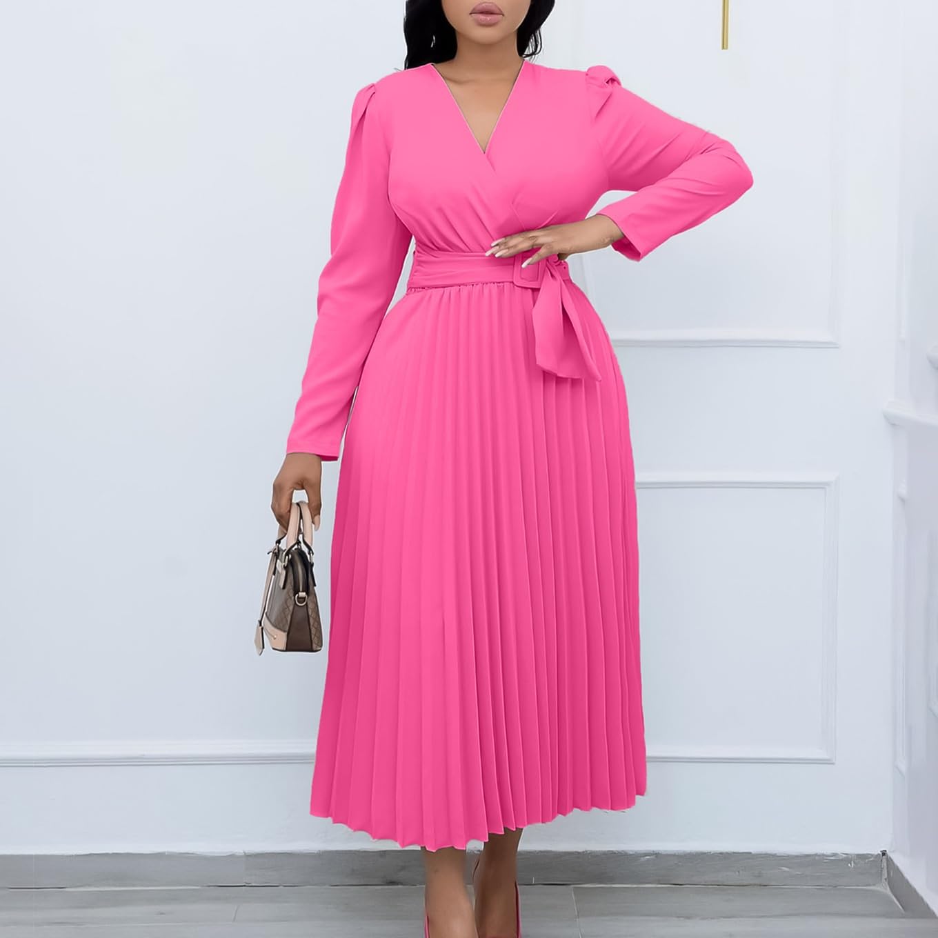 Amazon.com: GHAKKE Women's Elegant A-Line Dress Sexy Wrap V-Neck Long  Sleeves High Waist Bodycon Pleated Hem Long Dress with Belt (Color : Pink,  Size : Small) : Clothing, Shoes & Jewelry