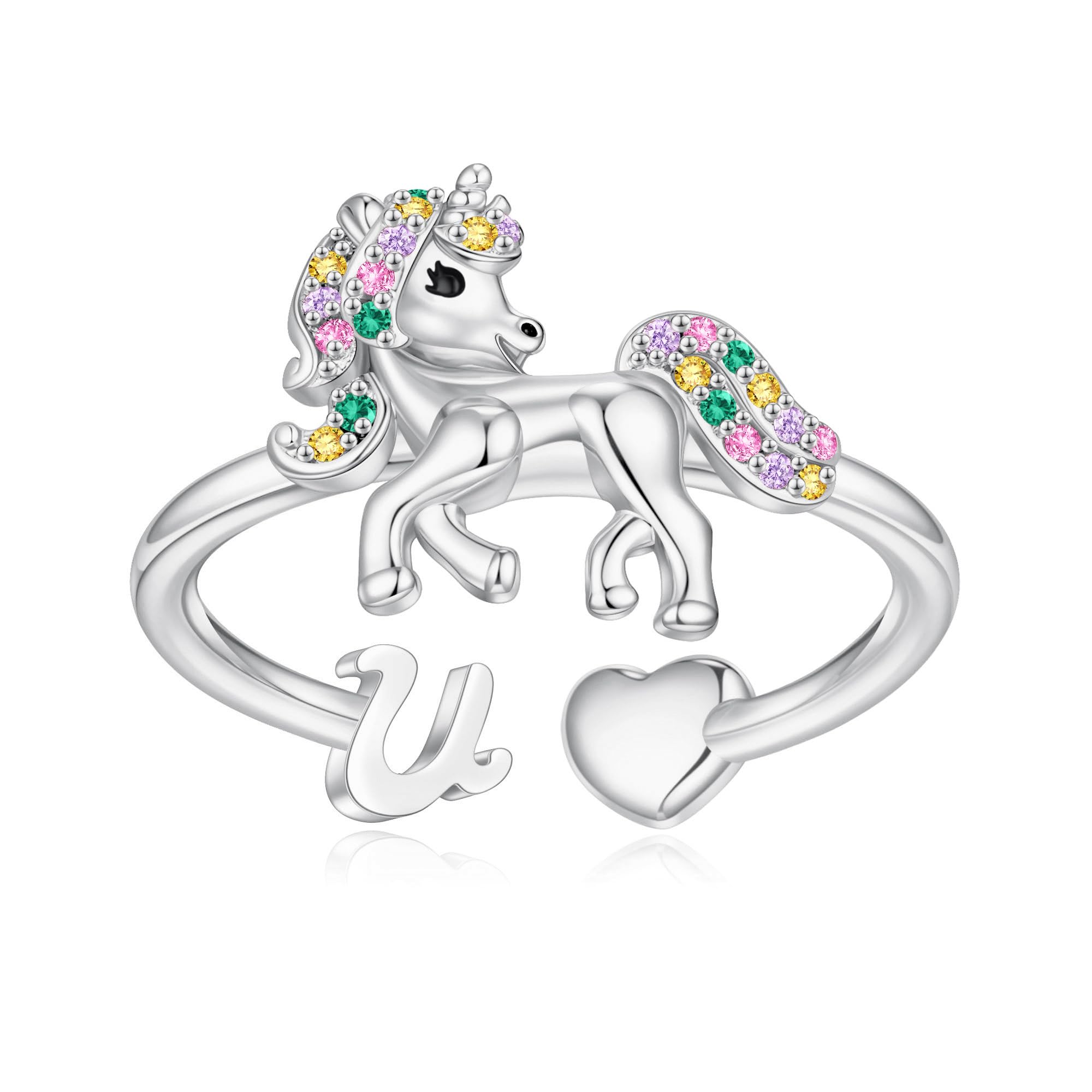 Unicorn Initial Rings for Teen Girls, Rose Gold/White Gold Plated Heart Initial Rings for Girls Adjustable Stackable Rings for Women Diny Heart Ring for Teen Girls Gifts Unicorns Gifts for Girls