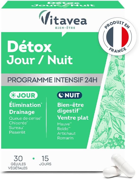VITAVEA BIEN-ETRE – 24h Detox Food Supplement Day & Night – Elimination Digestion Drainage – Elderberry, Cherry Tail, Artichoke, Mauve – 30 capsules – Made in France