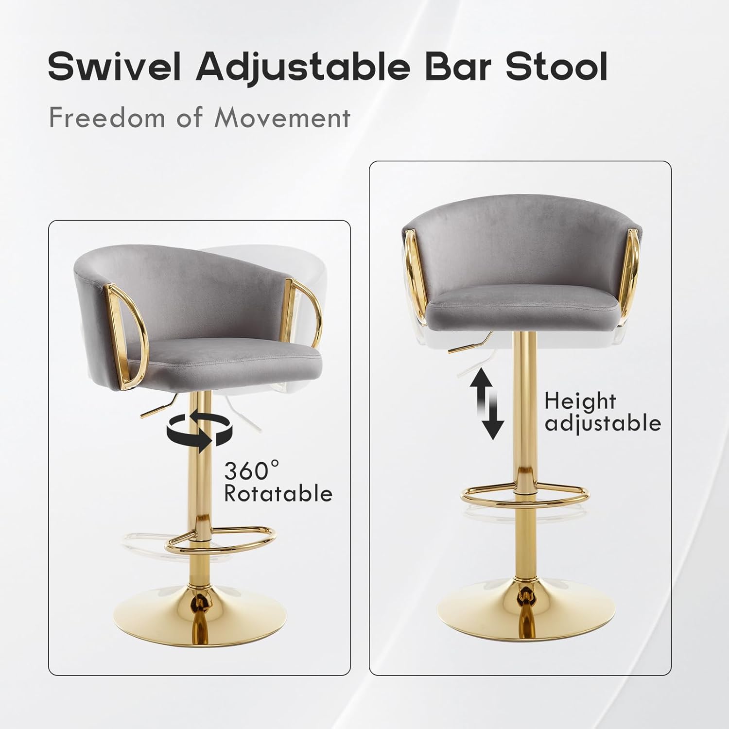 Gold Velvet Bar Stools Set of 2, Adjustable Swivel Counter Height Barstools Luxury Upholstered Bar Chair with Low Back Golden Metal Base for Kitchen Island/Living Room/Pub,Grey