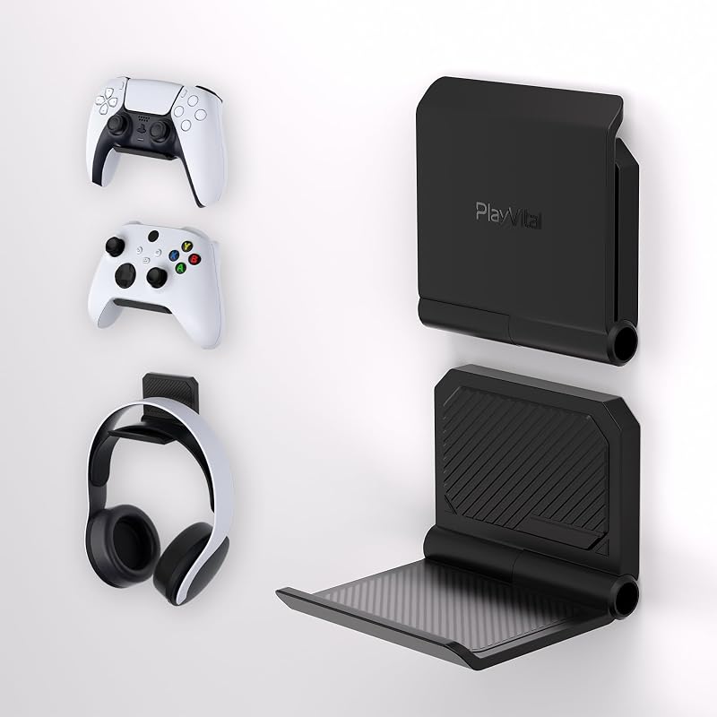 PlayVital FOLD Controller Holder Wall for ps5 ps4 Xbox Switch 2 Pro Headset, 2 Pack Universal Storage Organizer Gaming Controller Stand Headphone Mount - Foldable Anti-slip Adhesive Removable, Black