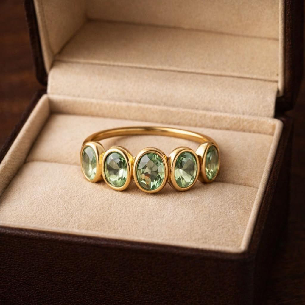 14K Yellow Gold Green Amethyst Half Eternity Ring Five Oval Bezel Set Wedding Band Minimalist Stackable Anniversary Promise Ring Dainty Fine Jewelry Gift for Her