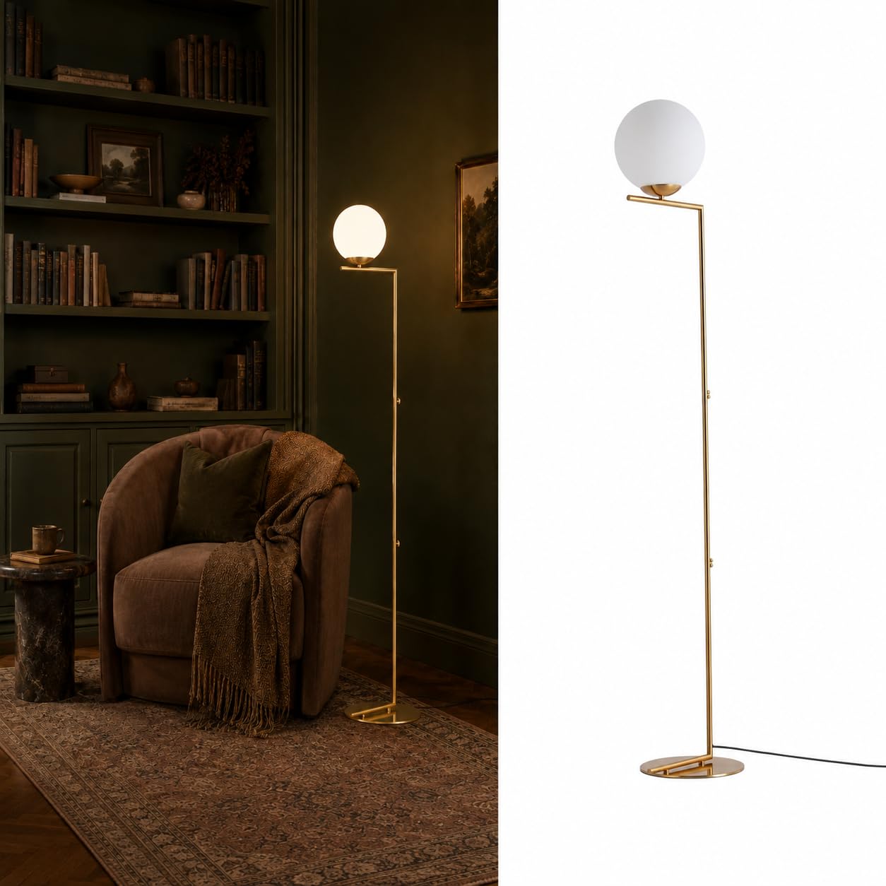 Barcelona lampa podłogowa LED lata E27, szkło opal, Ø 22 cm, złoty
