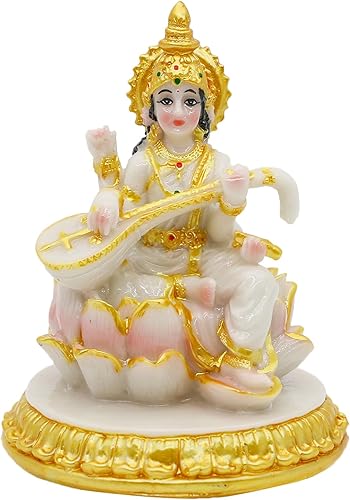 Miniatura 3 de alikiki Estatua de Saraswati pequeña diosa hindú – 3.9 pulgadas de alto aspecto de mármol Saraswati figura para tablero de instrumentos