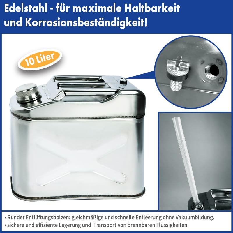 VIP Edelstahlkanister 20 L - NEU, Wasserkanister, Benzin, Öl mit Schraubverschluss, Entlüftung & Einfüllstutzen