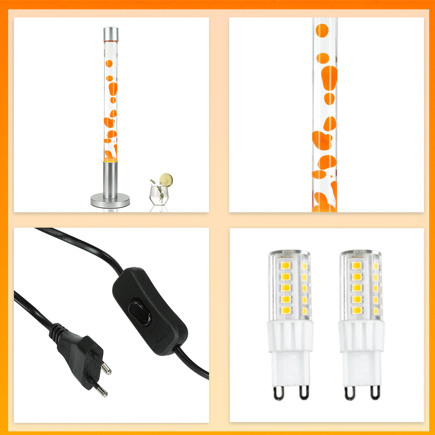Lampa lawa XXL duża, lampa podłogowa, lampa retro pomarańczowa, 76 cm, w tym żarówka, G9 50 W z przełącznikiem kablowym, ciepła, aktywna, atmosferyczna, lampa wulkaniczna