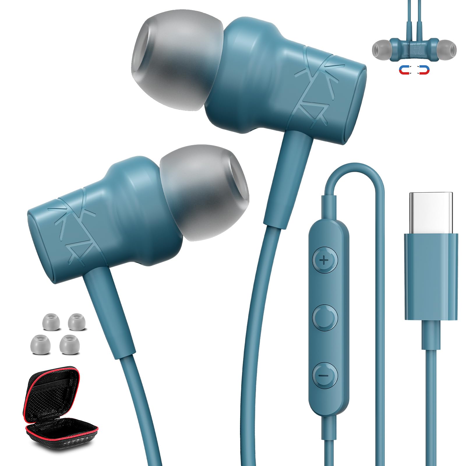 USB C Headphones Wired Earphones for iPhone 17 16 Pro Max,Type-C Headphones Earbuds With Microphone for Samsung S25 S24 Ultra S23 A16 A17,in-Ear Stereo Noise Cancelling Headset for iPad A16 10th,Blue