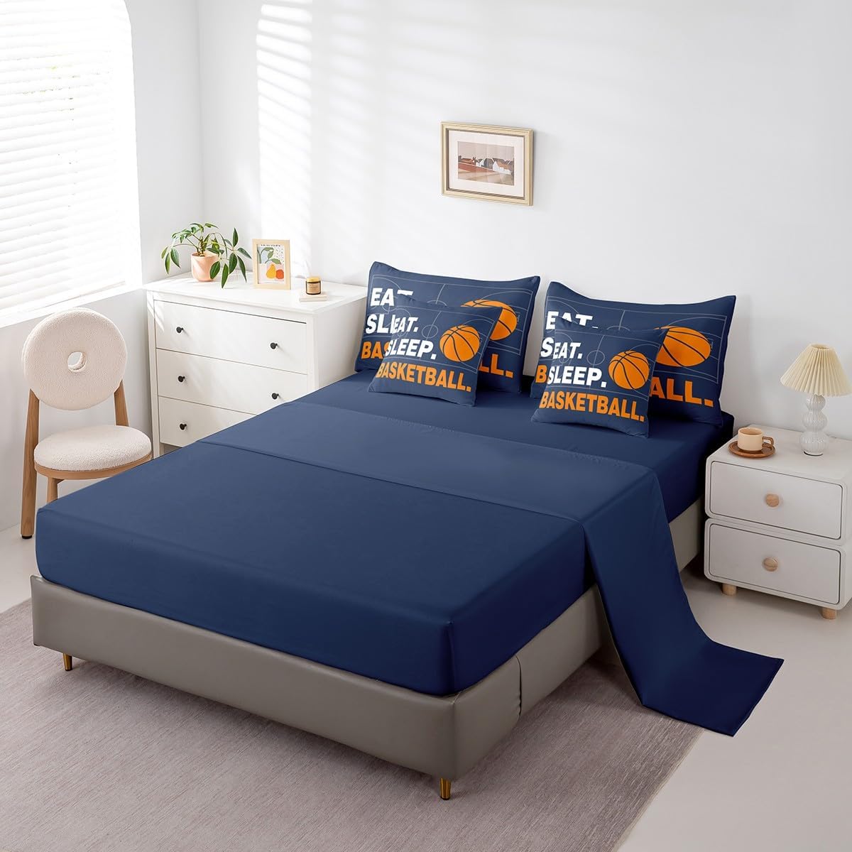 Feelyou Basketball Comforter Set with Sheets Full Size Grey Sports Theme 7 Pieces Bedding Set for Kids Boys Girls Teens Gaming Sports Ball Games Bed in a Bag Gift for Basketball Lover Bed Set