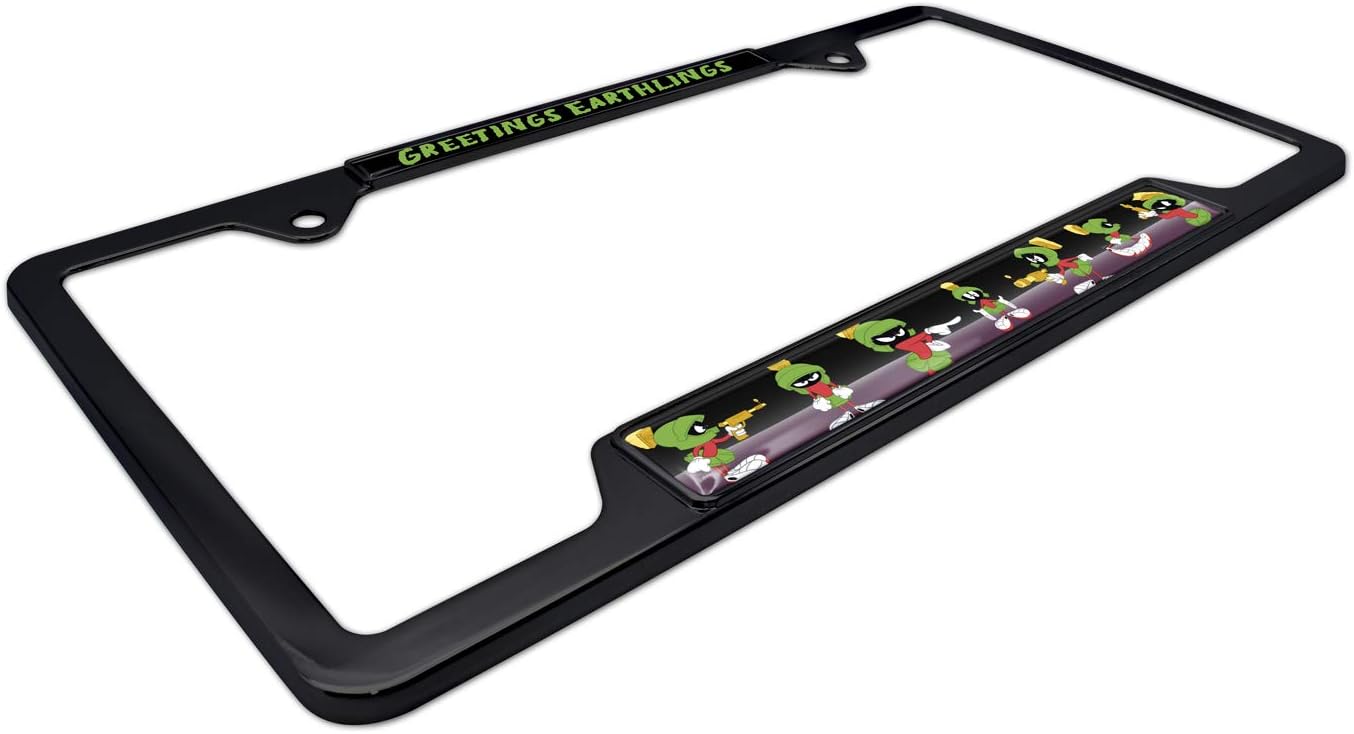 Elektroplate Officially Licensed – Looney Tunes Marvin the Martian Greetings Earthlings Black Metal Open Corner License Plate Frame Tag Holder for Cars/SUVs/Trucks Weather-Proof Automotive Accessory