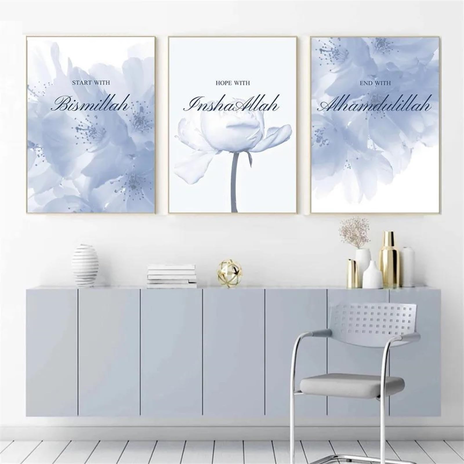 Baibexing Bismillah Islamic Art Poster Painting Blooming Blue Flower Canvas Print Allah Arabic Wall Art Picture Living Room Decor 50X70Cmx3Pcs Unframed