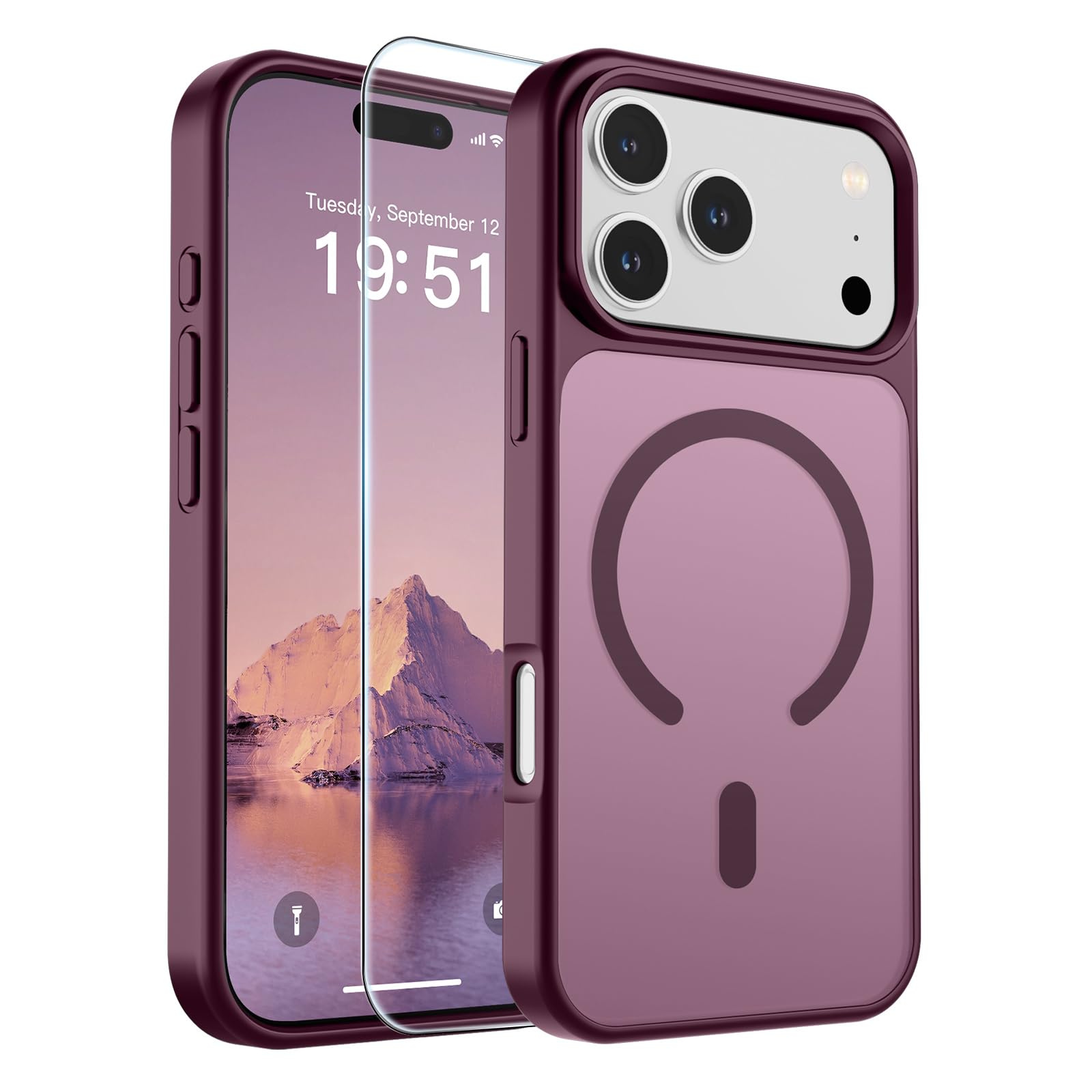 SUPFINE Magnetic for iPhone 17 Pro Case Wine Red | With Screen Protector, Translucent Matte, Compatible with MagSafe, Military Grade Drop Proof, Rugged Shockproof Protective