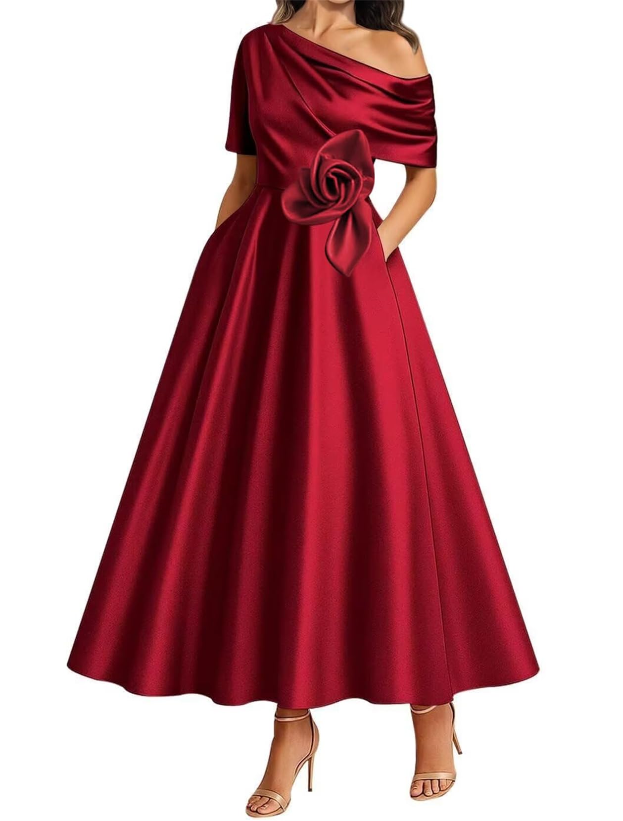 WISIYLE 3D Flower Bridesmaid Dresses Cap Sleeve Prom Mother of The Bride Dress One Shoulder Wedding Formal Gowns WQL008 Burgundy UK16