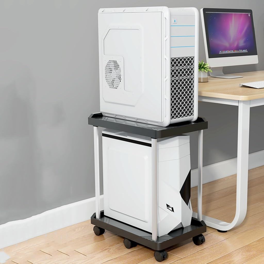 Computer Tower Stand, Desktop Computer Stand with 6 Lockable Wheels, 2-Tier CPU Holder Cart For Home Office (Color : Negro, S : 45.5 * 22.5 * 69cm)