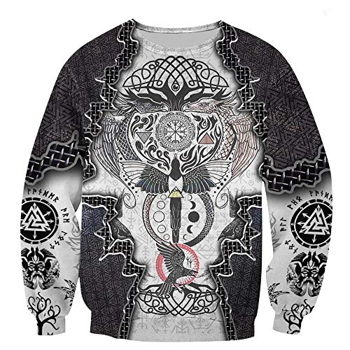 WLXW Vintage Odin Viking Rune Sudadera con Capucha Impresa En 3D, Árbol de la Vida/Cuervo/Brújula/Patrón de Dragón Celta, Sudadera de Calle Harajuku de Manga Larga de Otoño,Sweatshirt,L