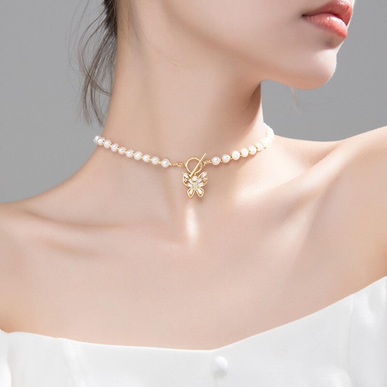 Gargantilla De Mariposa De Perla Barroca De 5mm De Plata De Ley 925, Collar Corto para Mujer, Joyería De Boda S925