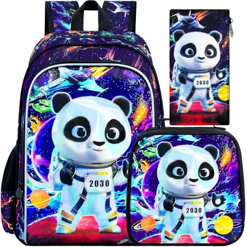 Image of 3Pcs Boys Backpack, 16 inch Panda School Backpacks with Lunch Box, Kids Bookbag for Elementary Preschool Kindergarten(Black)