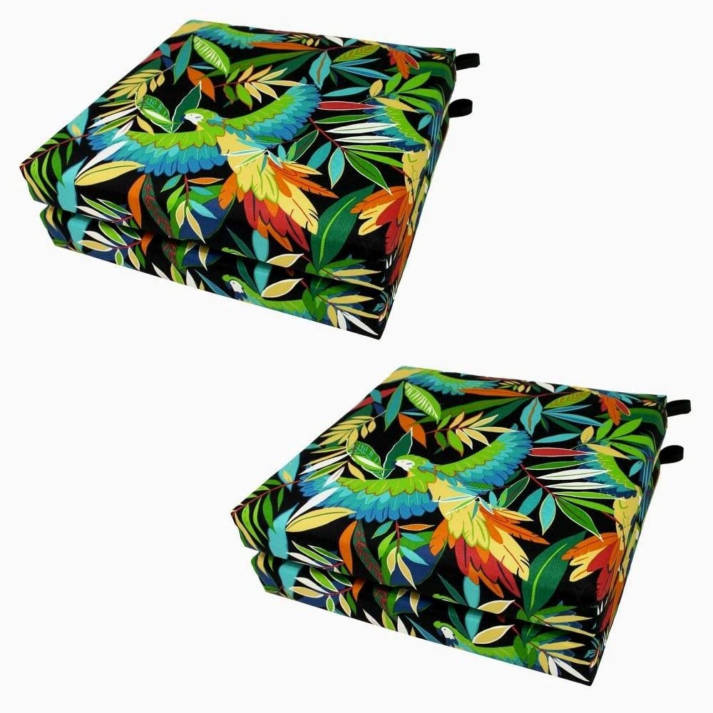 Set of 4 Square Shape Chair Padded Cushions for Outdoor Furniture | Floral Print in Black & Green Color, Size: 20 X 19 Inches | Durable, Fade-Resistant & Zipper-Closed with Attached Hook & Loop Ties