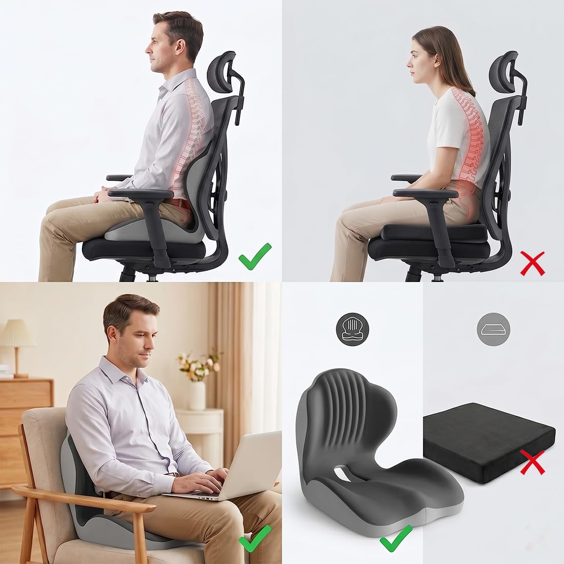 LOMUG Cojín ortopédico con respaldo, espuma viscoelástica en forma de L, cojín ergonómico de apoyo lumbar para ciática y coxis para silla de oficina, coche, hogar, oficina