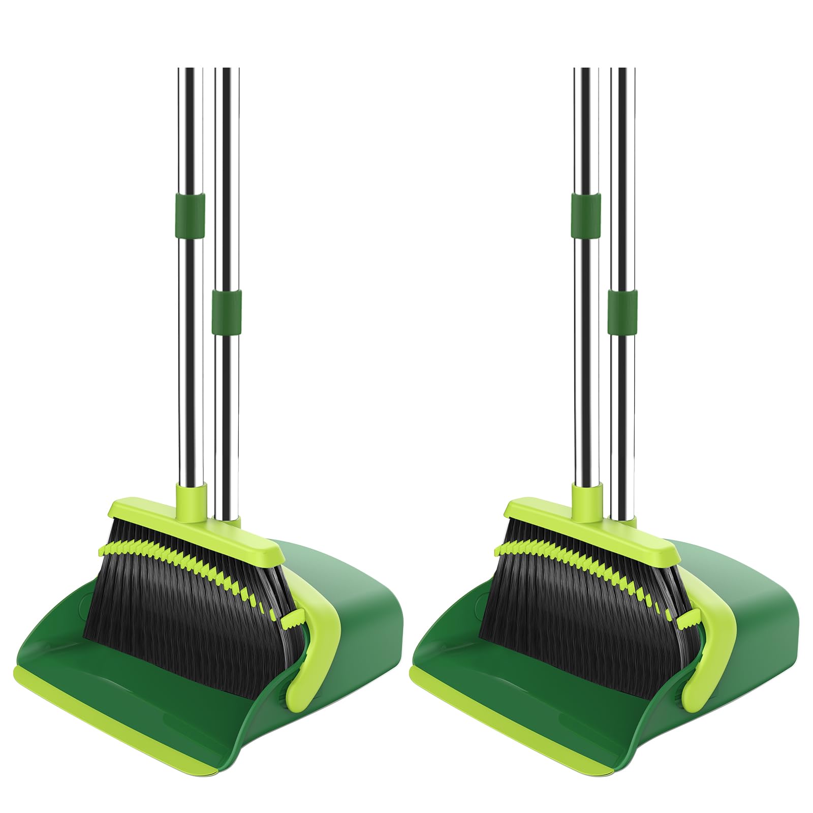Broom and Dustpan Set, 52-in Long Adjustable Handle Broom Dustpan Combo with Dust pan Teeth to Automatically Clean Hair Suitable for Home Kitchen Office Hall Floor (Green), 2 Pack