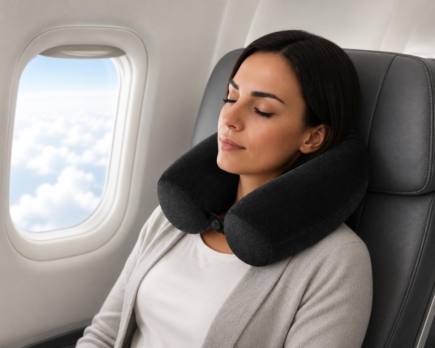 GROKBASKET Multi-Position Travel Neck Pillow, Black Memory Foam, Adjustable U/L Shape Head & Neck Support for Car, Flight & Home-image-9