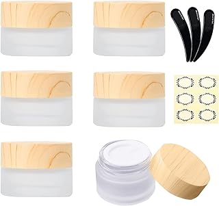 6Pcs 5ml/5g Empty Frosted Clear Glass Cosmetic Sample Containers with Wood Grain Plastic Lids and Inner Liners - Refillable Mini Travel Pot Jars for Makeup Creams Lip Balm Beauty Nails