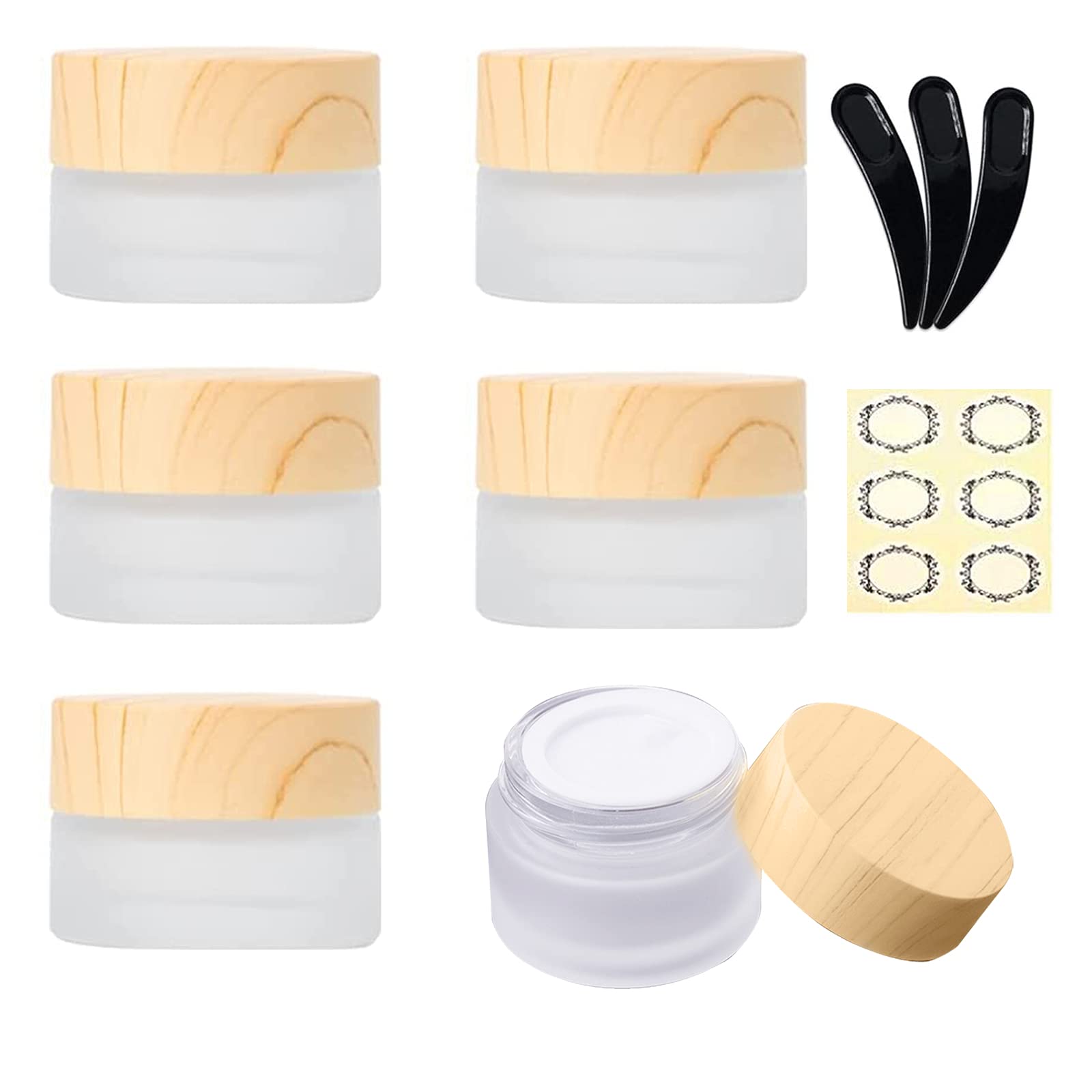 Yalbdopo 6Pcs 5ml/5g Empty Frosted Clear Glass Cosmetic Sample Containers with Wood Grain Plastic Lids and Inner Liners - Refillable Mini Travel Pot Jars for Makeup Creams Lip Balm Beauty Nails