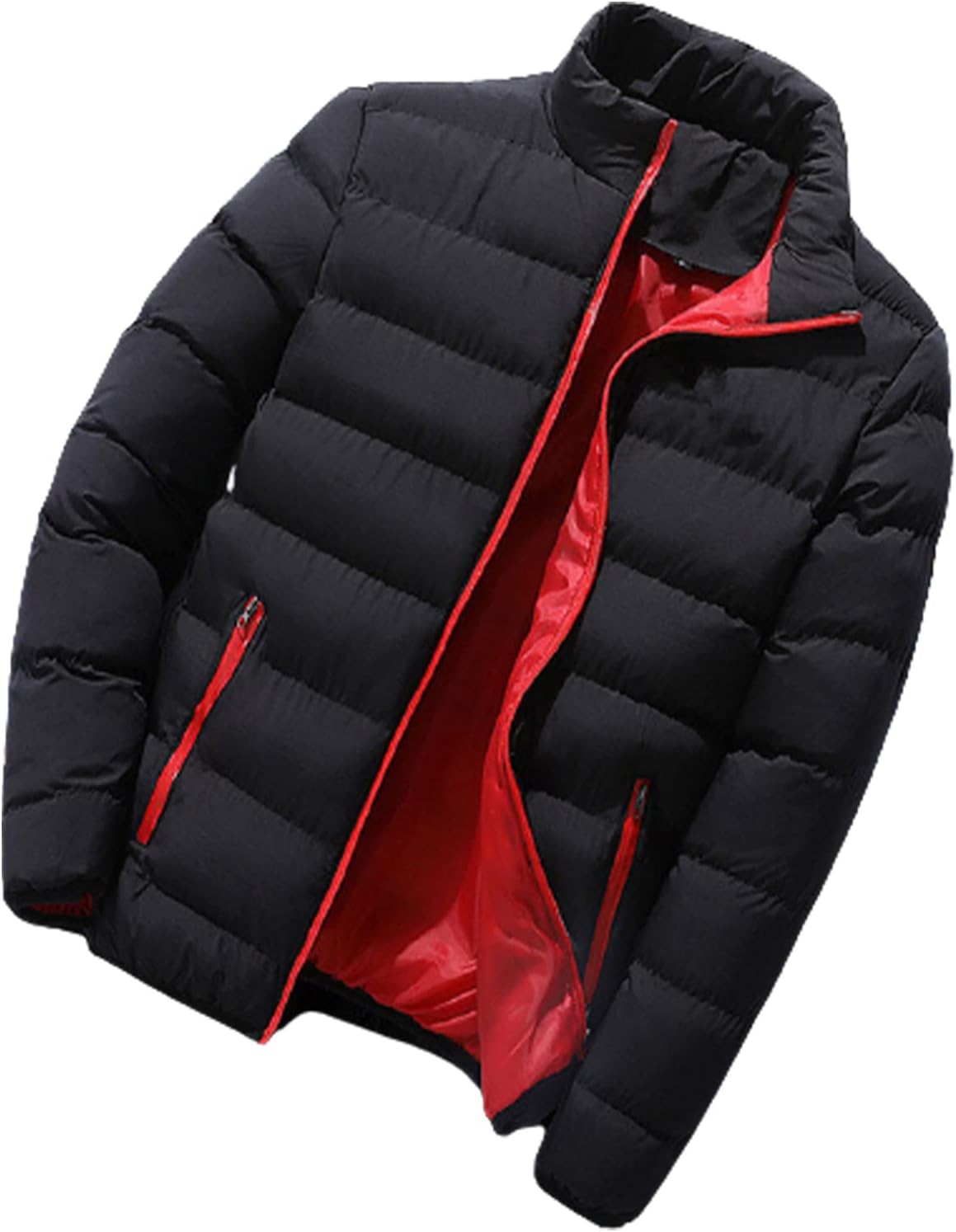 HB1 Winter Men's Down Jacket Outdoor Zipper Sport Cotton Coat Slim Jacket Warm Windproof Short Stand-up Collar Jacket,Black,L(65kg)