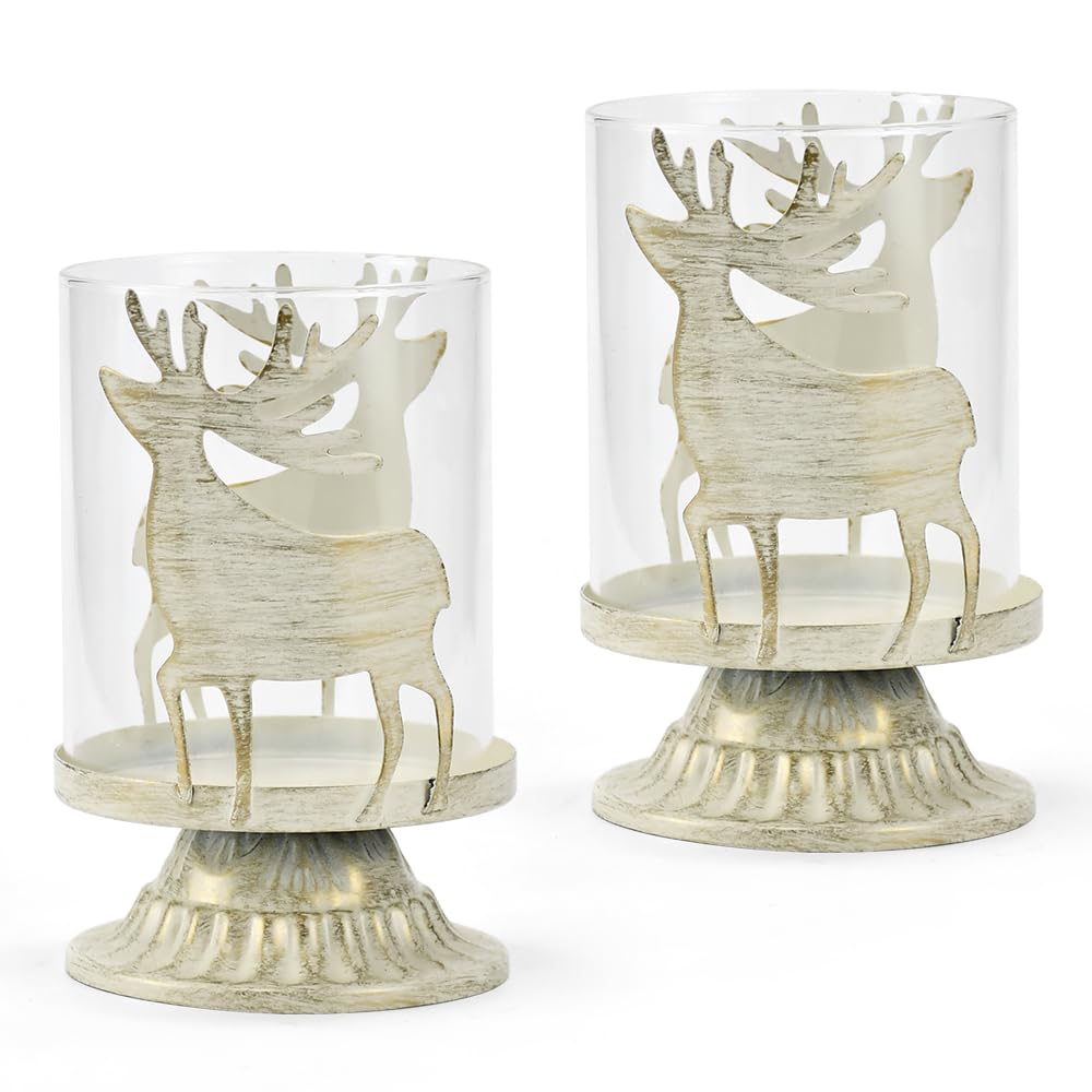 LPAMABA 2 PCS Candelabros para Velas de Navidad, Portavelas Navideño con Diseño de Alce, Candelabros para Velas de Metal y Virdrio, Centros de mesa Decoracion Navidad para Boda Fiesta Hogar Cumpleaños