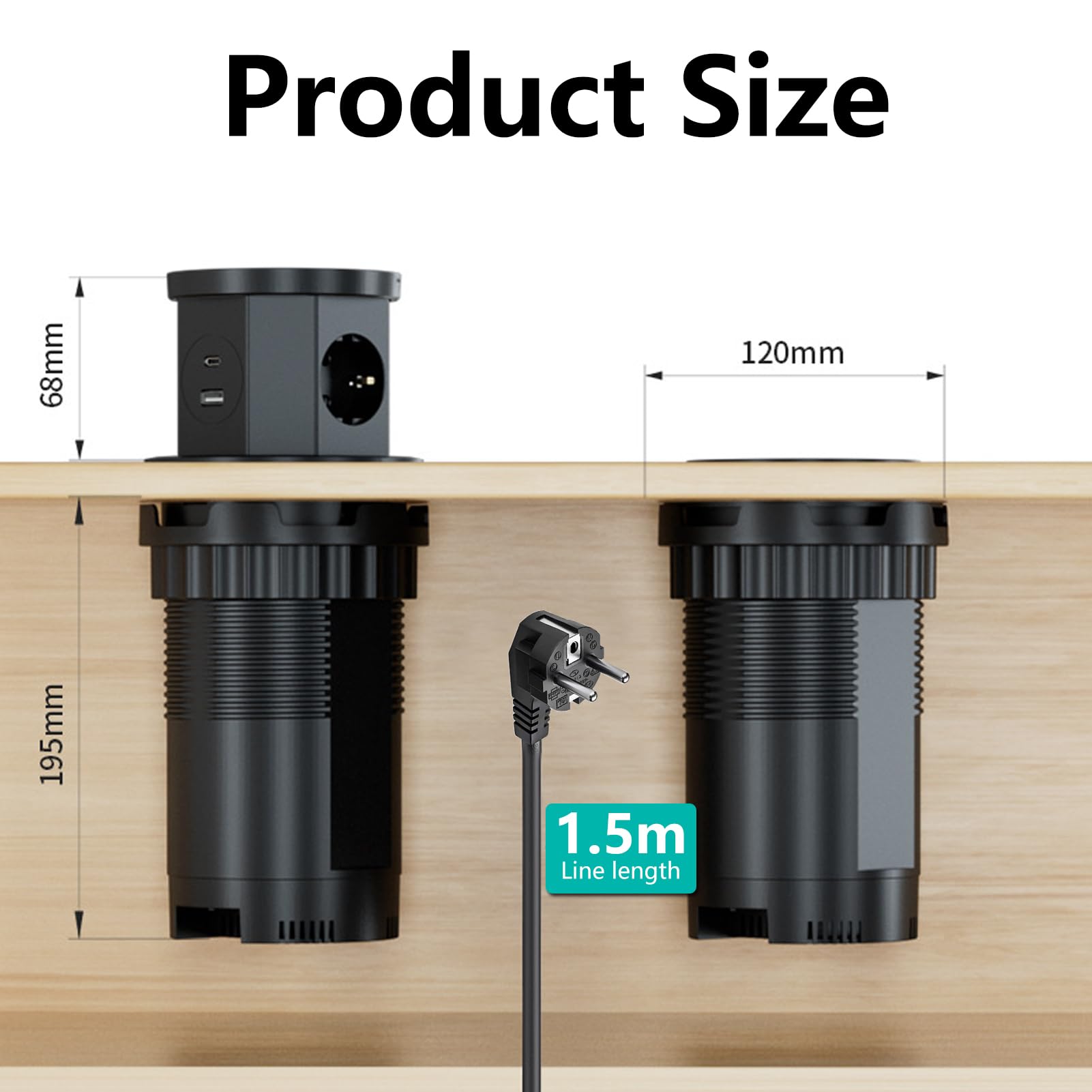 Presa Telescopica,PPresa a Scomparsa 3 Scomparti con 1 USB C 1 USB-A 2500W 16A Cavo Da 1,5M, Ciabatta Per Caricabatterie Wireless Da 15W, Adatta Per Piani Di Lavoro, Cucine, Uffici