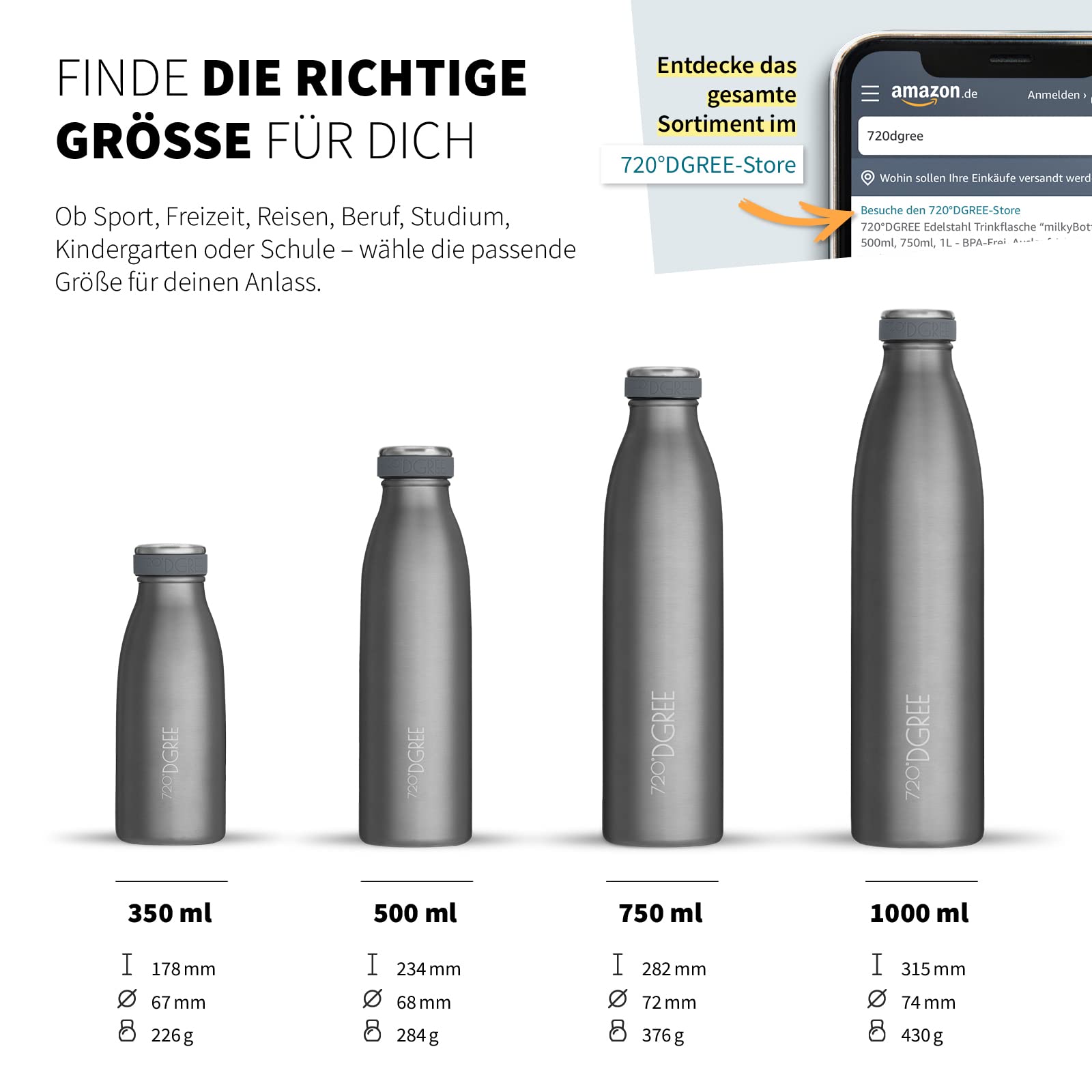 720°DGREE Gourde Acier Inoxydable "milkybottle" – 350ml, Gris | Bouteille Isotherme d'eau | Revêtement durable parfaite pour enfants, sport, l'ecole | Isolée Qualité supérieure - 4