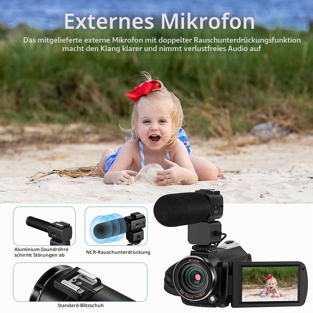 ORDRO 4K Videokamera, 1080P 60FPS Vlogging-Kamera, 30x Zoom, 3,1" IPS