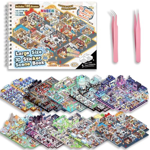 10 Sets Big Size DIY 3D Sticker Scene Collection Book Isometric Miniature Cozy Room Sticker Book for Kids Adults Large Cute Make Your Own House Stickers for Gifts Paint by Sticker with Tweezer (City)