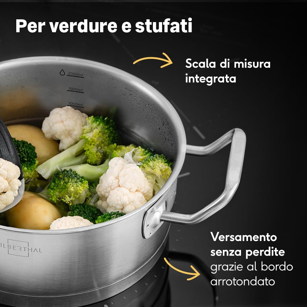 SILBERTHAL Casseruola induzione 20 cm - Acciaio inox - Pentola con coperchio di vetro - Triplo fondo