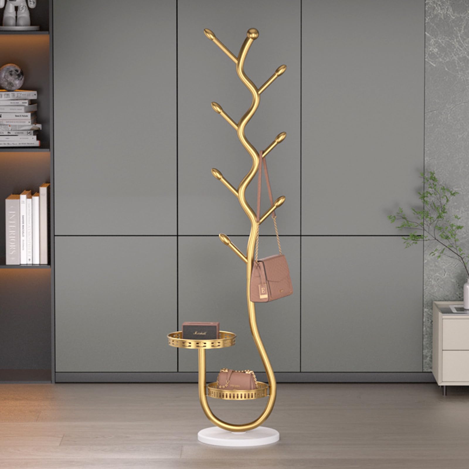 Baumförmiger Garderobenständer mit 2 Ablagen, Kleiderständer Gold mit Ablage, 8 Haken, Jackenständer Stehend, Kohlenstoffstahl, Hanger Coat Stand, Lackiert, 29×29×170cm(Gold)