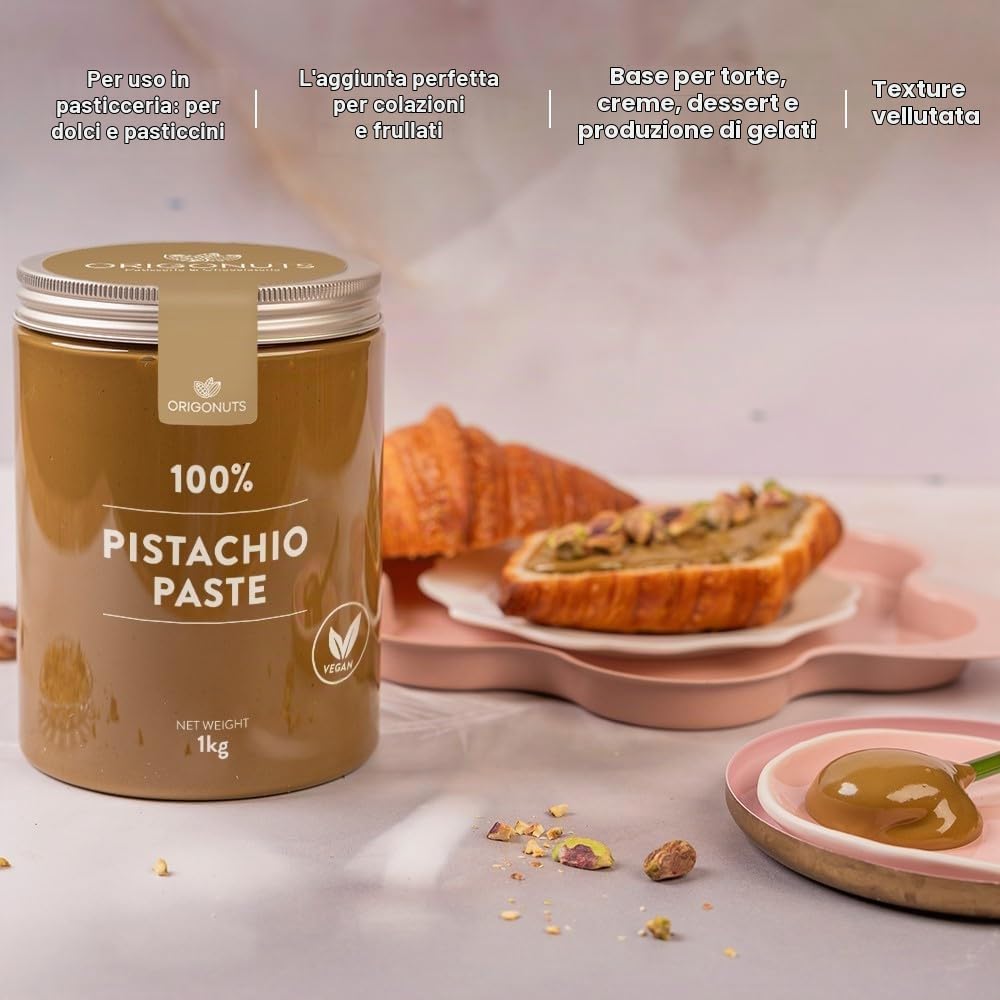 ORIGONUTS – Pasta di pistacchio 100% pistacchi, crema pistacchio artigianale – Base per torte, creme, dessert, gelati – Gusto intenso e consistenza perfetta - Senza coloranti - 1 kg