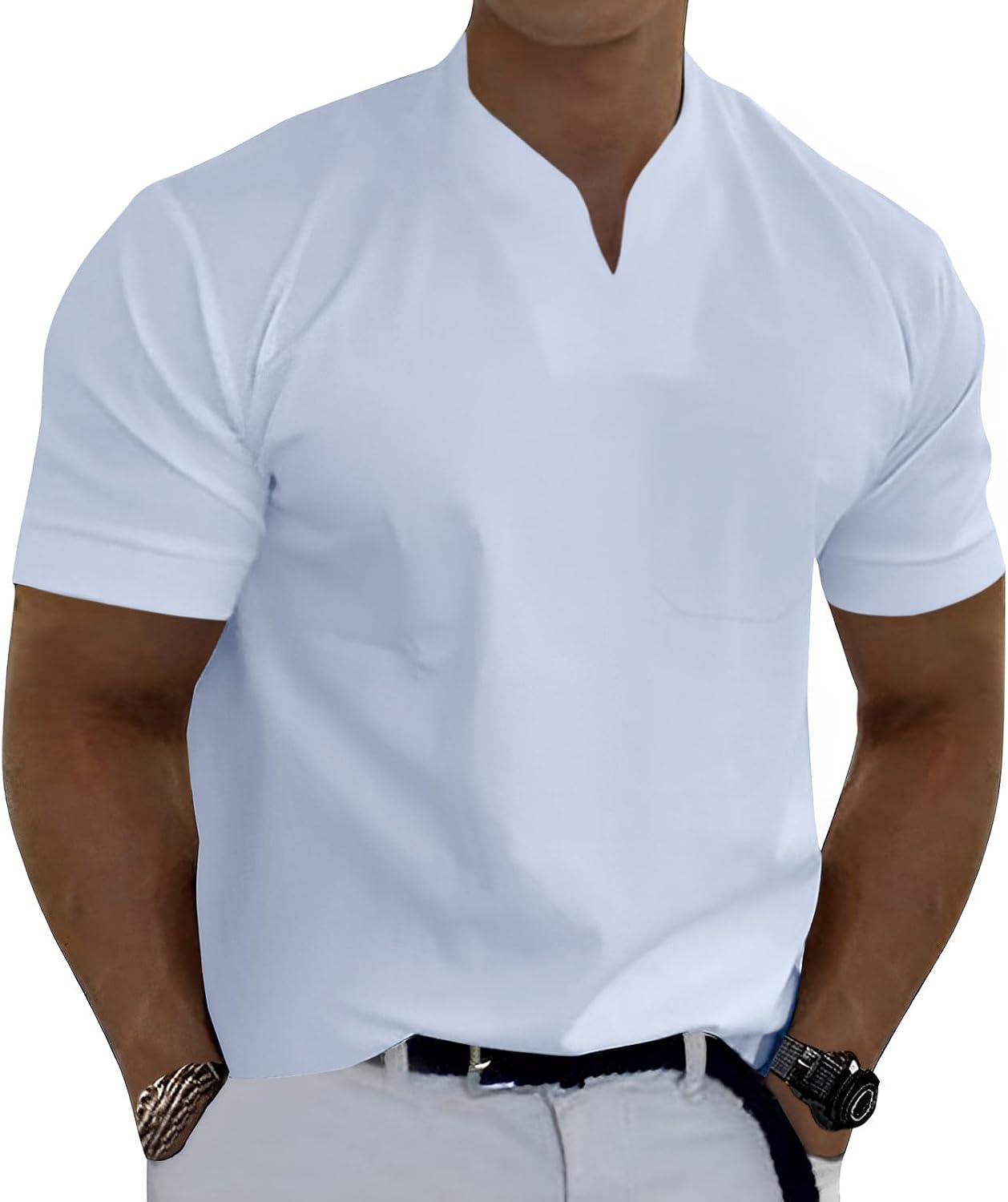Men Gentlemans Business T Shirt Short Sleeve Fitness Muscle T Shirt V Neck Gym Tee Fashion Workout Casual Shirts