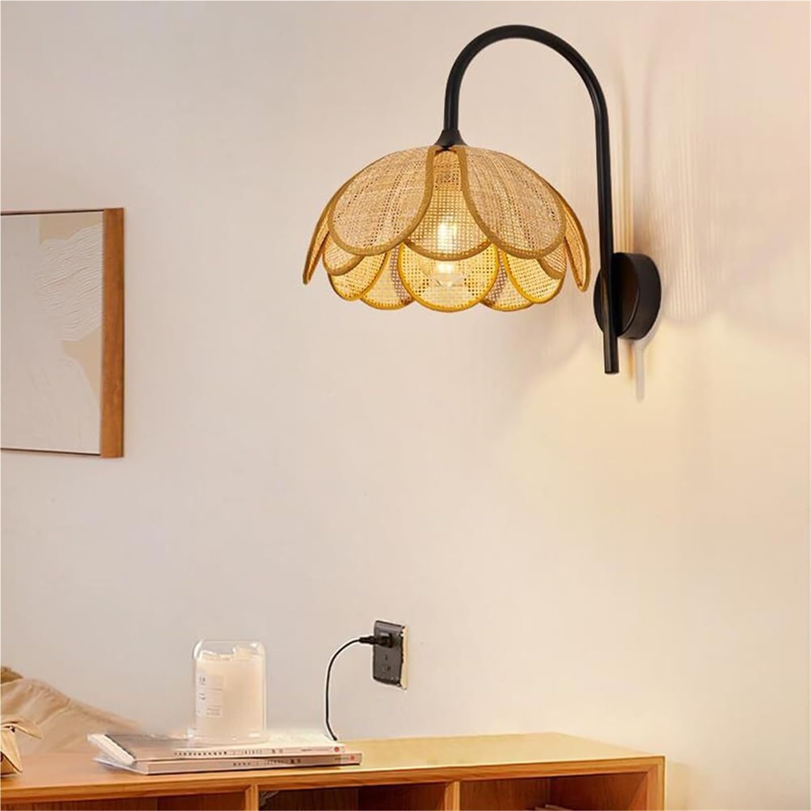 Générique Nowoczesna lampa ścienna do sypialni przedpokój salon duży kwiat czeski rattan ręcznie tkany wiklinowy czarny łabędź szyja na stolik nocny kuchnia oświetlenie ścienne