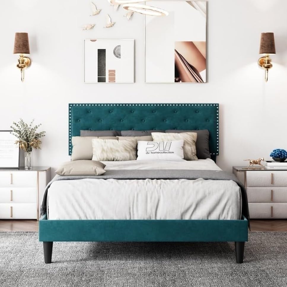 Image of Wooden Modern Upholstered King Size Bed for Bedroom | Wooden Double Bed Without Storage | Platform Cot Upholstered Bed with Upholstery Fabric | Engineered Wood | 6.5 x 6 Ft | Green Oliver