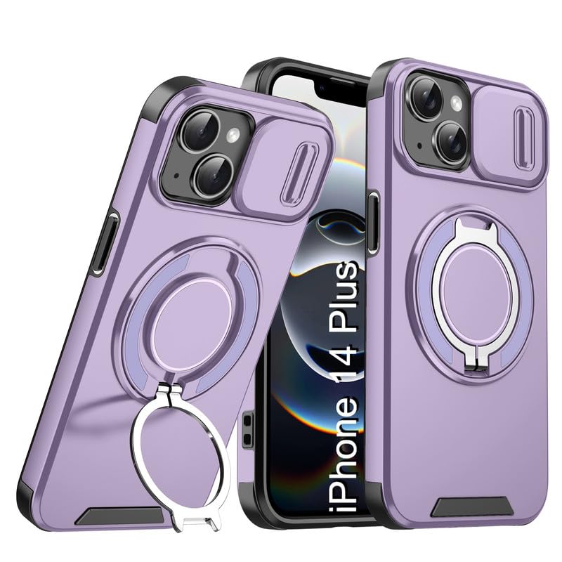 Image of LuxuryKase Shockproof Rugged Case for iPhone 14 Plus | Slide Camera Cover | 360 Rotating Ring Kickstand | Military-Grade Protection - Lavender Purple