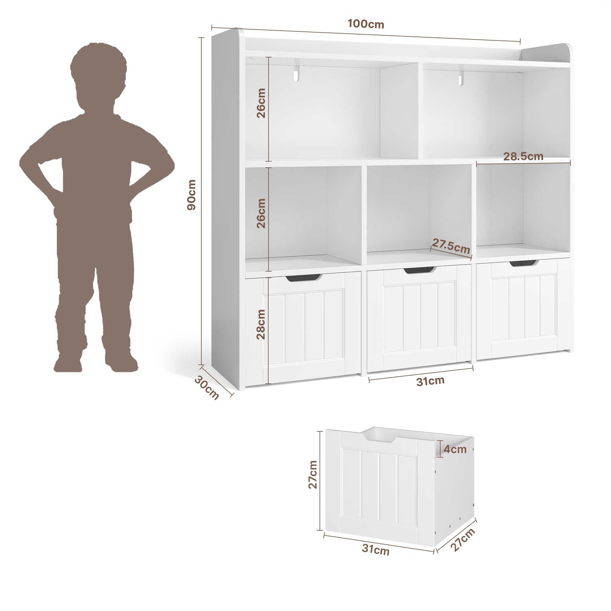 Xbro Meuble Rangement Jouets Enfant Bibliothèque avec 3 Tiroirs Coulissants et 6 Étagères Barrière Anti-Chute pour Chambre, Salle de Jeu, Blanc