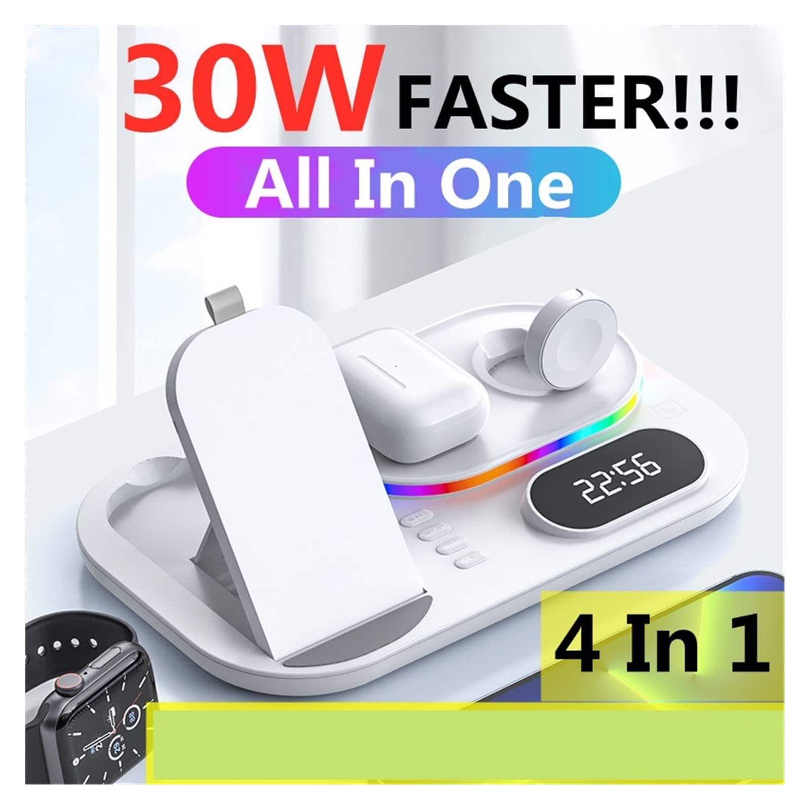 Support de Chargeur sans Fil Rapide 30W 4 en 1 for Station d'accueil Charge for écouteurs Montre téléphone,Compatibilité Universelle(Zwart)
